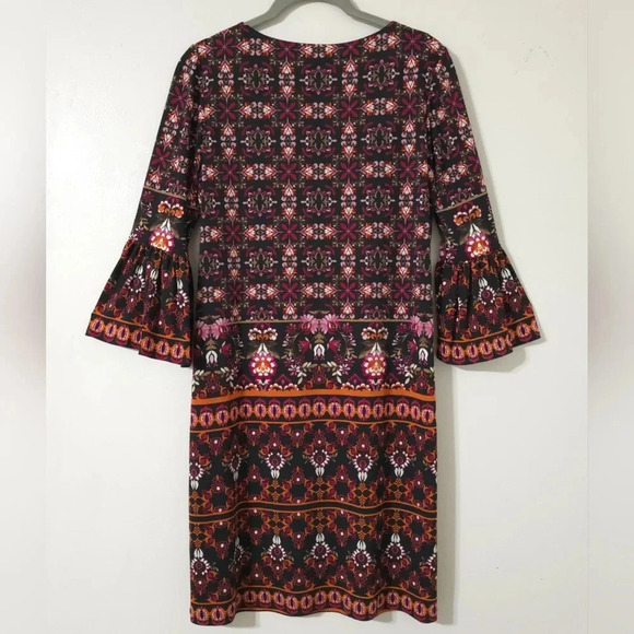 LONDON TIMES Dark Multi Color Boho Mini Shift Dress, 3/4 Bell Sleeves, Size 2 - Picture 6 of 13